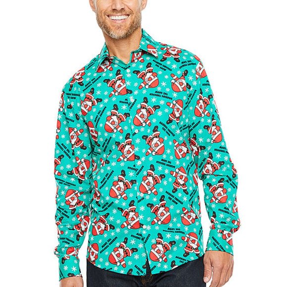 North Pole Trading Co. Dabbing Santa Christmas Button Down Dress Shirt M - Picture 2 of 9